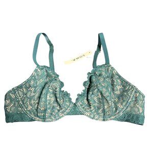 Soma Bra Unlined Lace Plunge NEW Dark Forest Green 34B Convertible